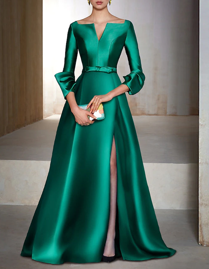 Vestido maxi de satén liso de manga larga con cuello en V