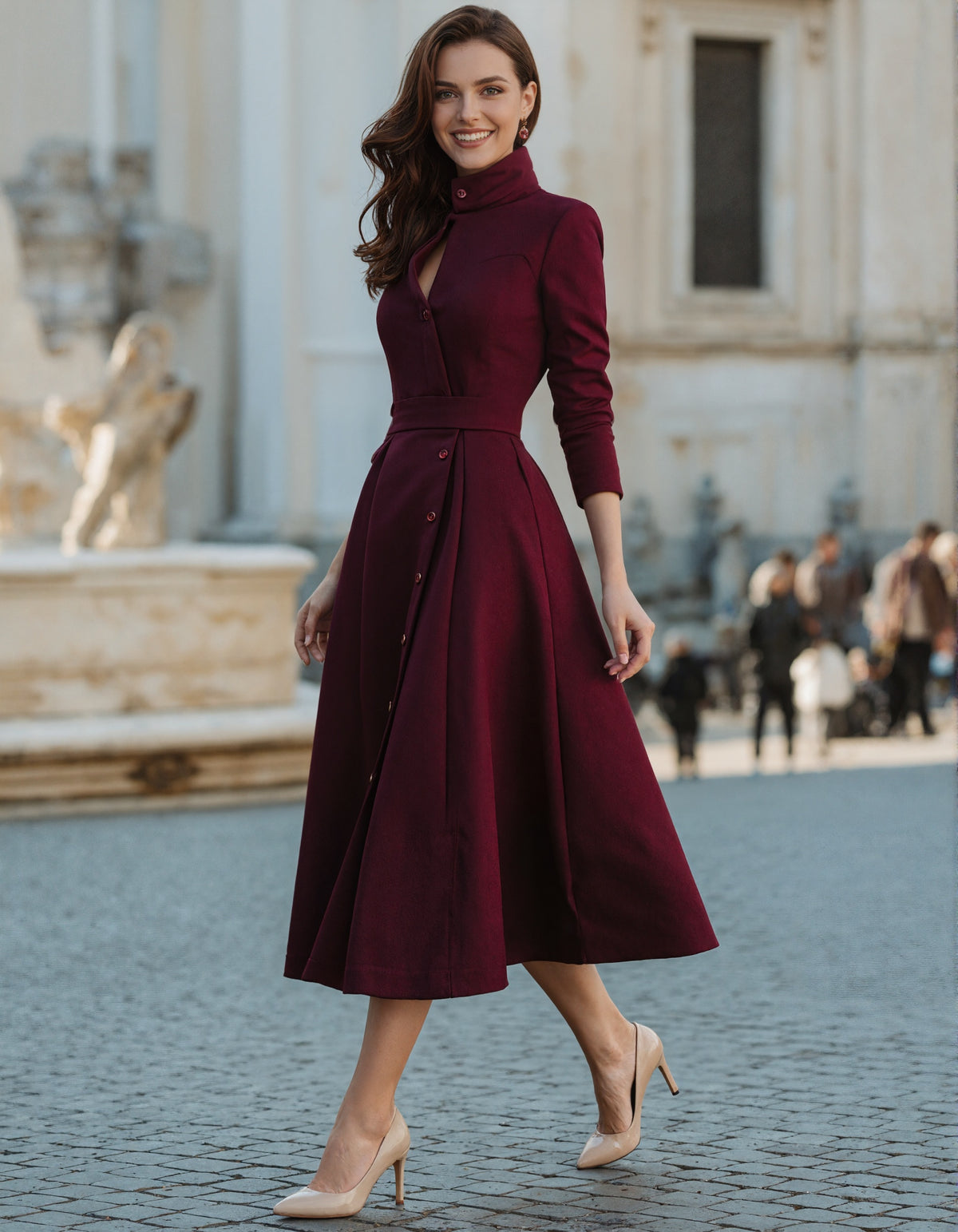 Vestido midi vermelho de manga comprida com gola subida