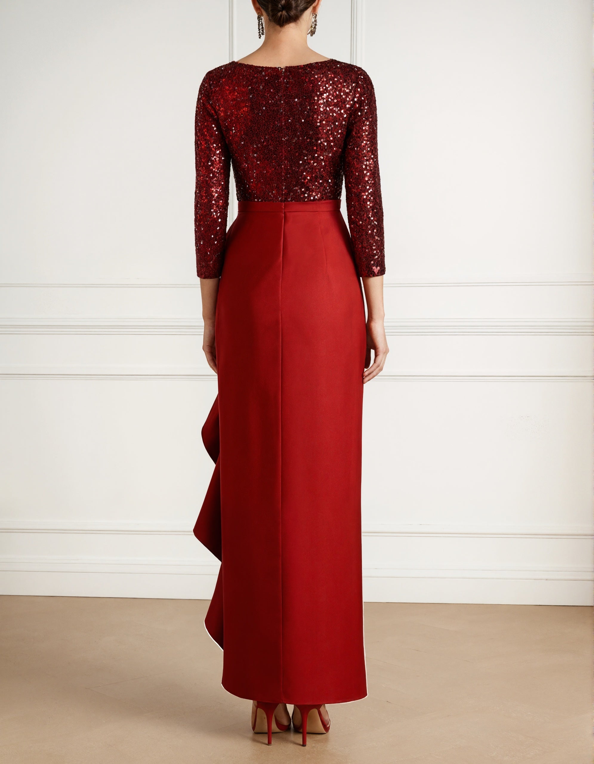 Robe longue unie en satin à sequins, col rond