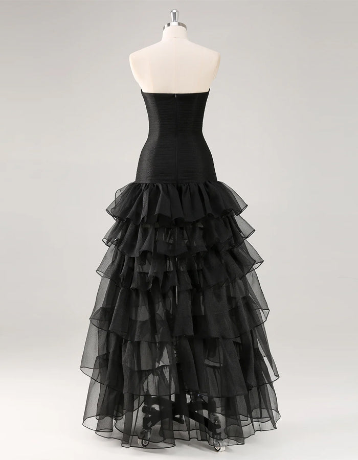 Vestido maxi sólido com corte em A, ombros descobertos, camadas e fenda