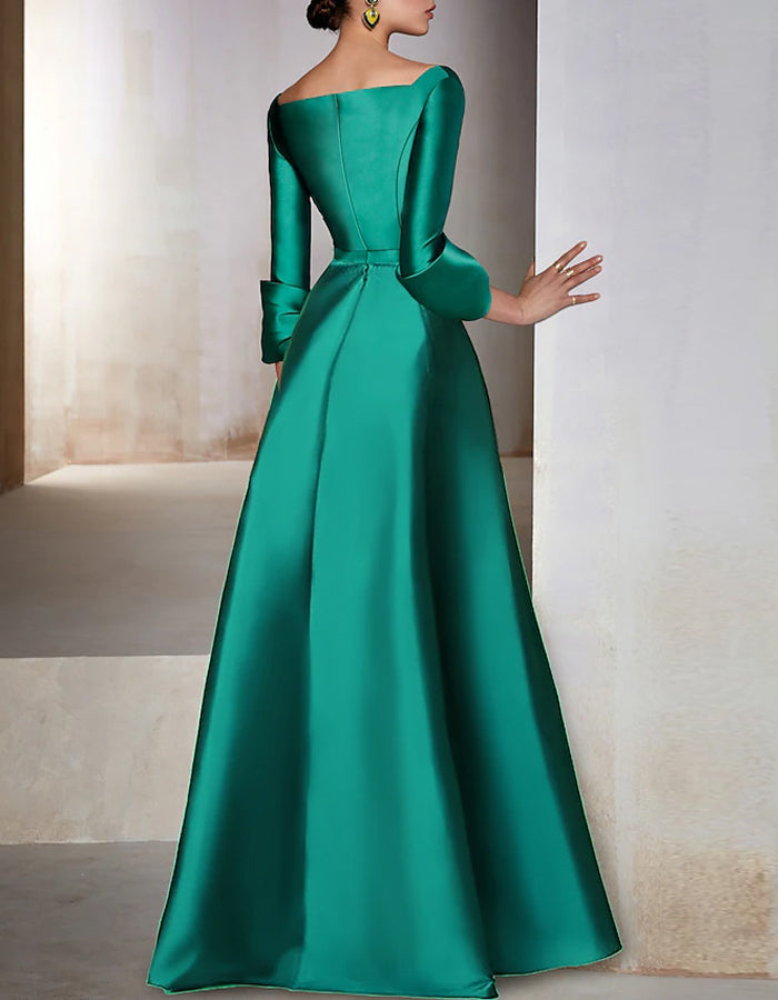 Robe longue unie en satin à manches longues et col en V