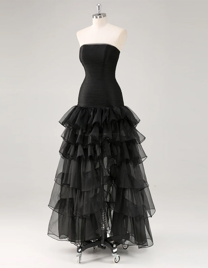 Vestido maxi sólido com corte em A, ombros descobertos, camadas e fenda