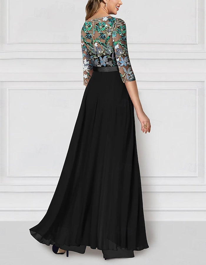Chiffon-Jumpsuit mit halblangen Ärmeln, Blumenstickerei und Pailletten