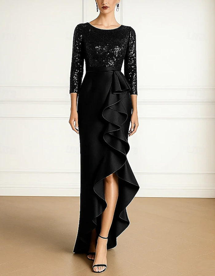 Maxikleid aus Satin mit Pailletten in Uni, Rundhalsausschnitt  