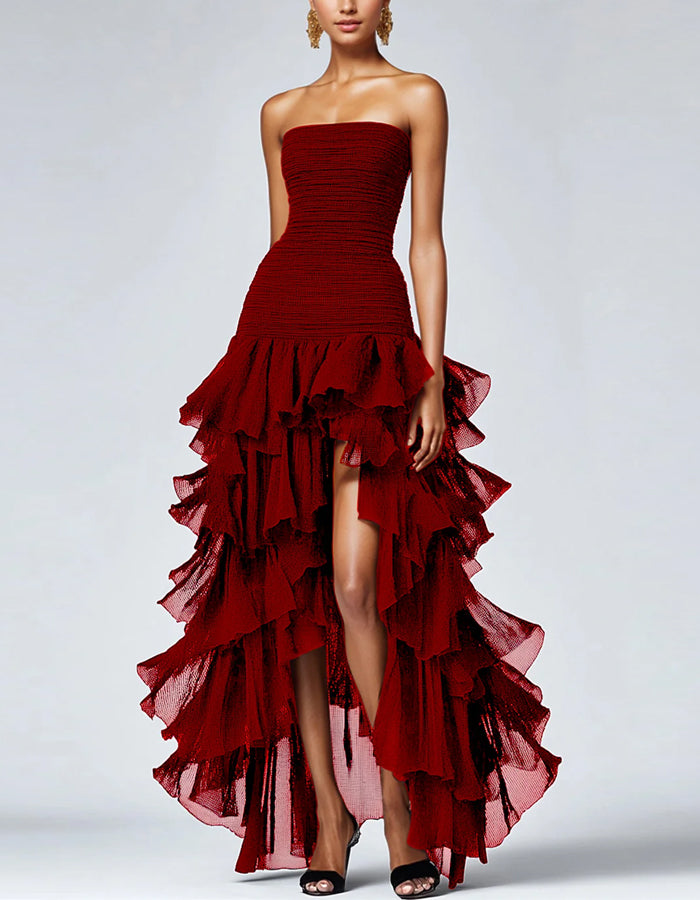 Vestido largo maxi con abertura, escote Bardot y capas, de corte en A, de color liso