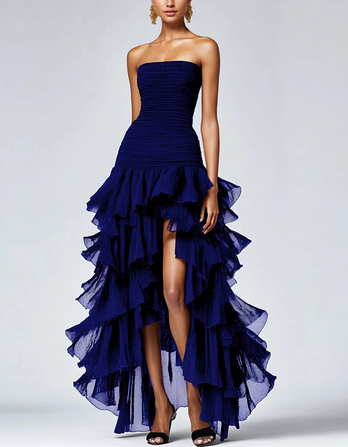 Vestido largo maxi con abertura, escote Bardot y capas, de corte en A, de color liso