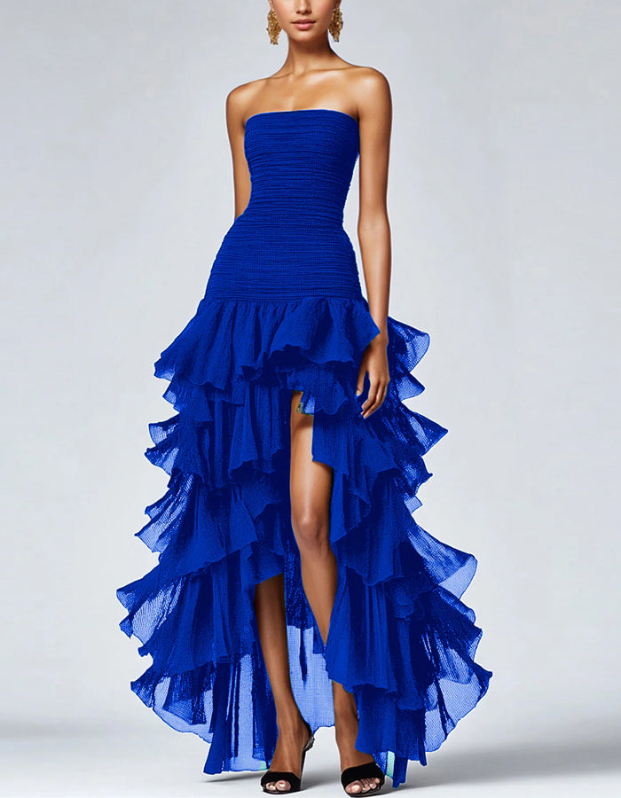 Vestido maxi sólido en línea A con hombros descubiertos, capas y abertura