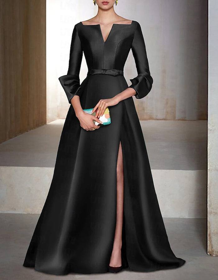 Maxikleid aus Satin in Uni mit langen Ärmeln und V-Ausschnitt  