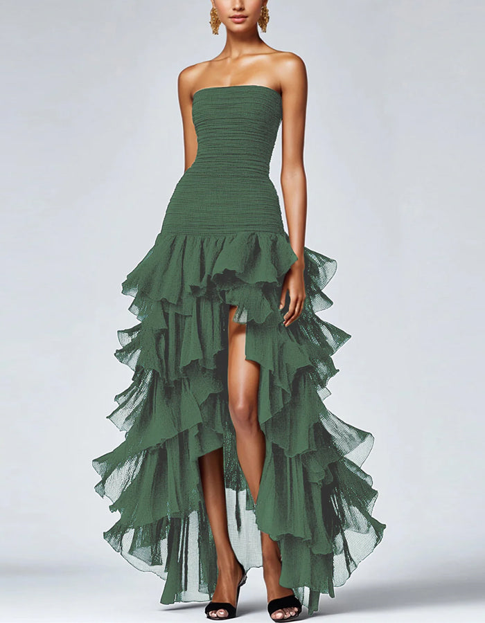 Vestido maxi sólido en línea A con hombros descubiertos, capas y abertura