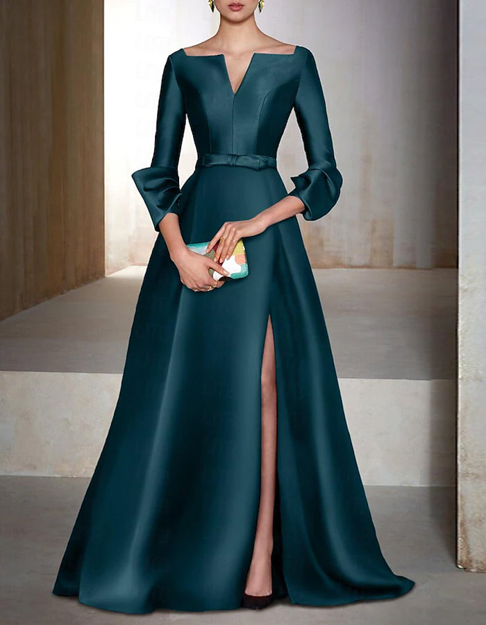 Vestido maxi de satén liso de manga larga con cuello en V