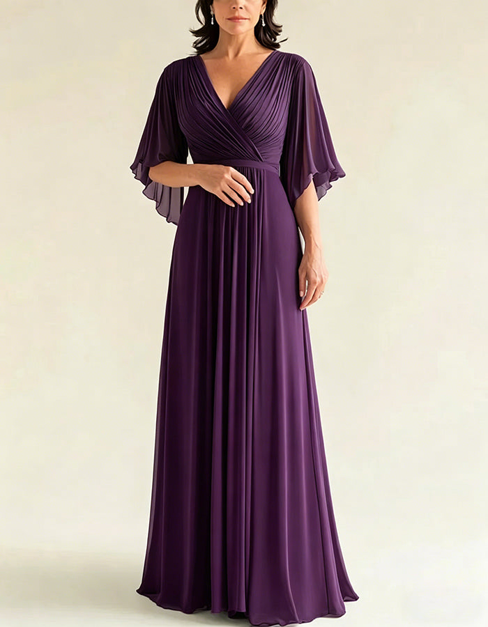 Grey Green Chiffon V-Neck Flutter Sleeves Maxi Dress