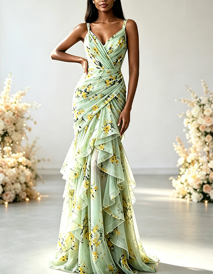 Yellow Floral V-Neck Chiffon Tiered Mermaid Maxi Dress