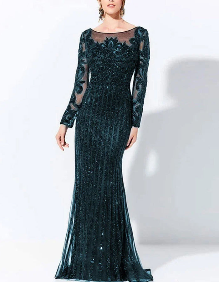 Vestido largo con encaje y lentejuelas, cuello redondo y mangas largas