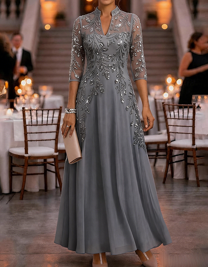 Champagne 3/4 Sleeve Gold Sequin Floral Mesh Chiffon Maxi Dress