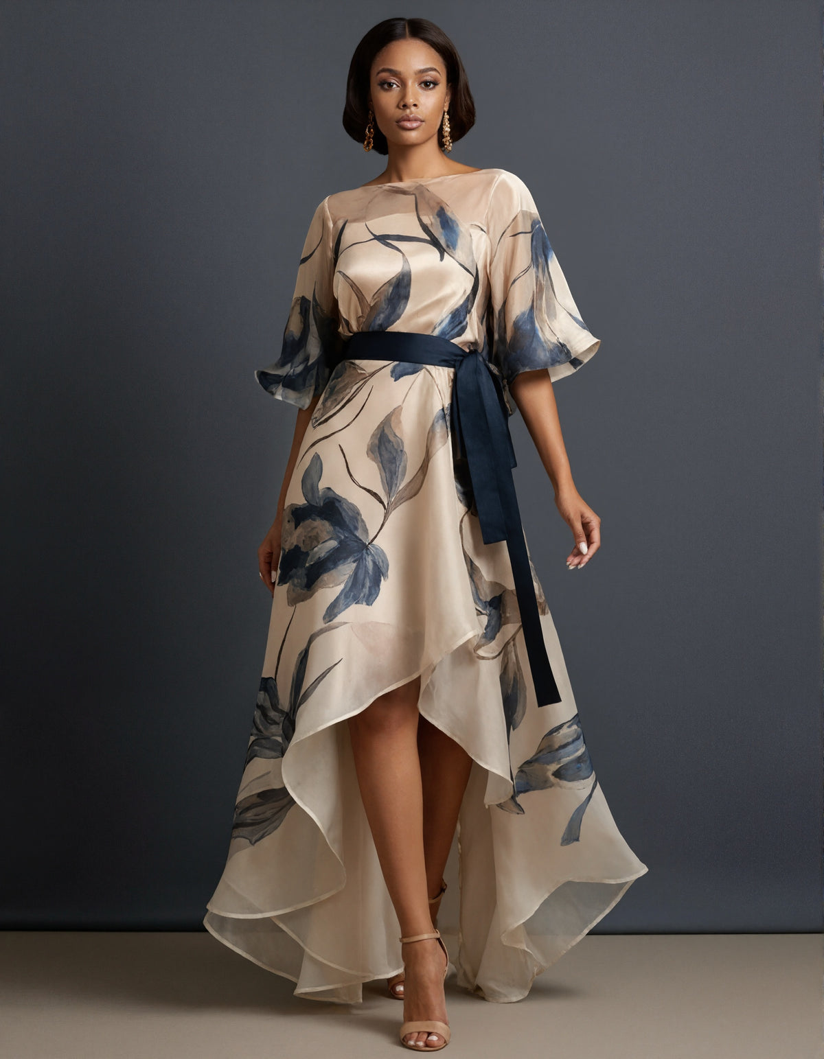 Rochie din organza cu cordon, tiv asimetric și imprimeu floral bleumarin