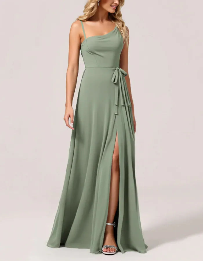 Robe longue de demoiselle d’honneur verte en mousseline, ligne A avec fente  