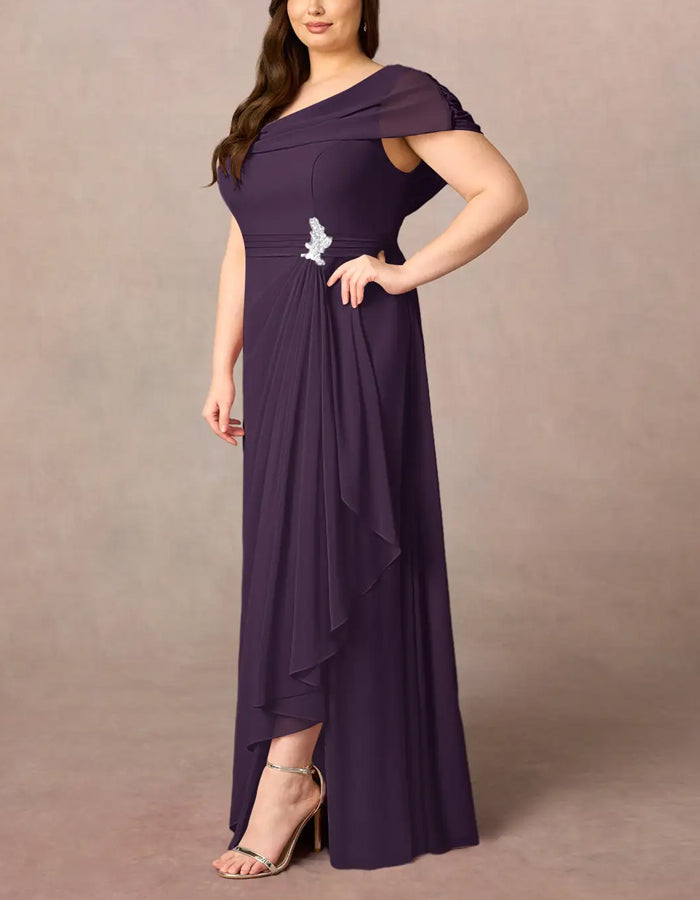 Rochie maxi A-line mov din chiffon cu deschidere laterală