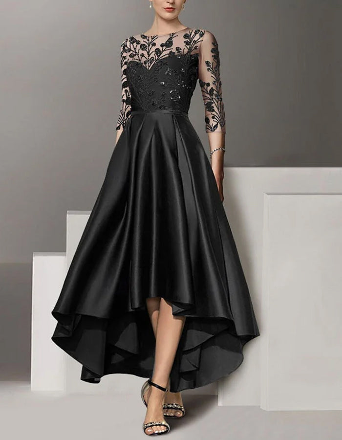Vestido Midi de Renda de Cor Sólida com Decote Redondo