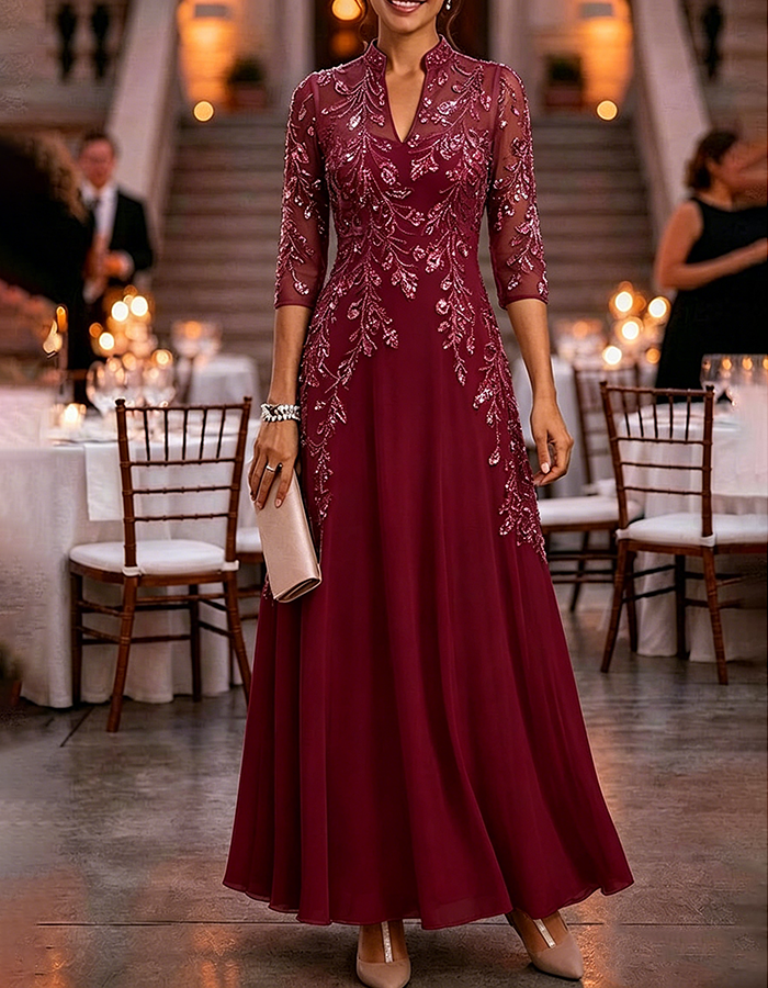 Champagne 3/4 Sleeve Gold Sequin Floral Mesh Chiffon Maxi Dress