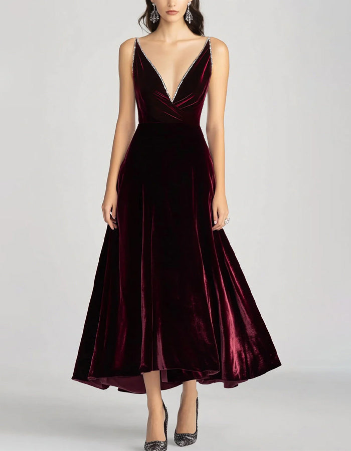 Burgundy Spaghetti Strap V-Neck Velvet Midi Dress