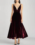 Burgundy Spaghetti Strap V-Neck Velvet Midi Dress