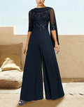Dark Blue Chiffon Sequined Appliqué Jumpsuit