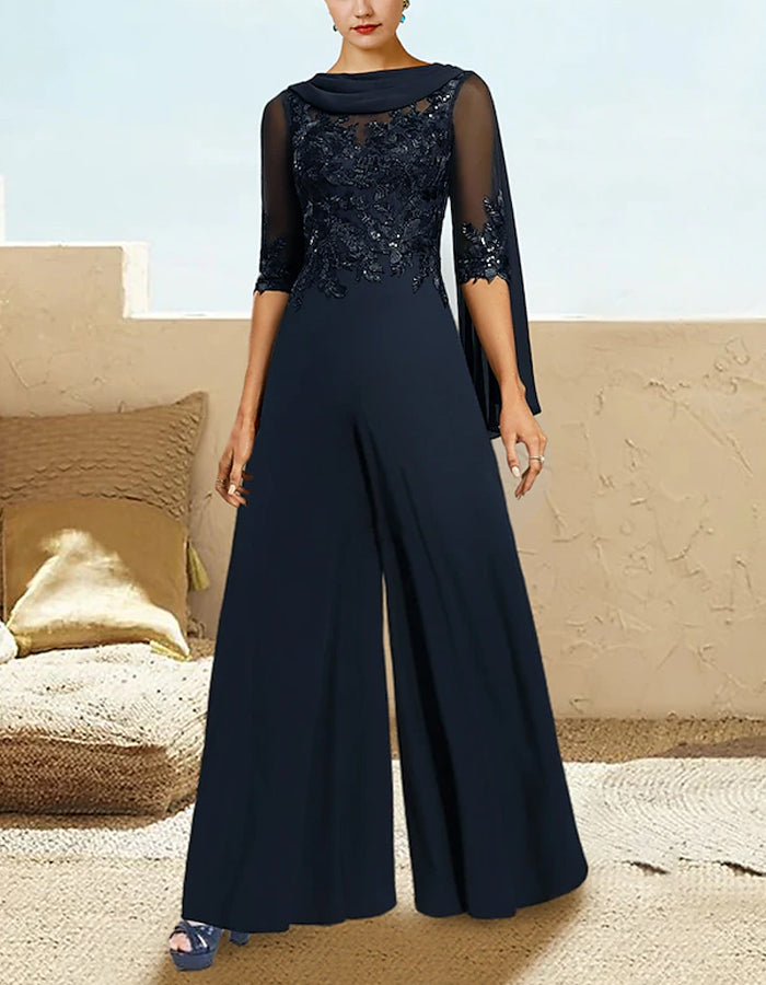 Mörkblå chiffon-jumpsuit med paljettapplikationer