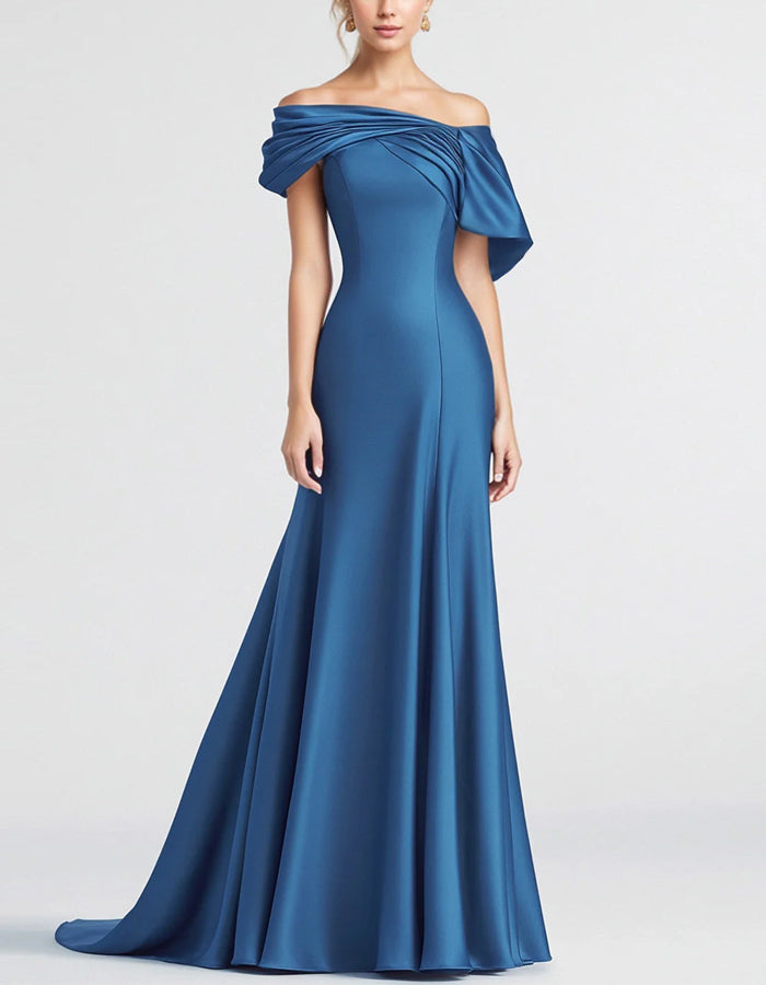 Blaues Maxikleid aus Satin mit schulterfreiem Ausschnitt