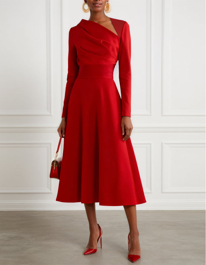 Vestido Midi Vermelho Assimétrico em Linha A com Manga Comprida