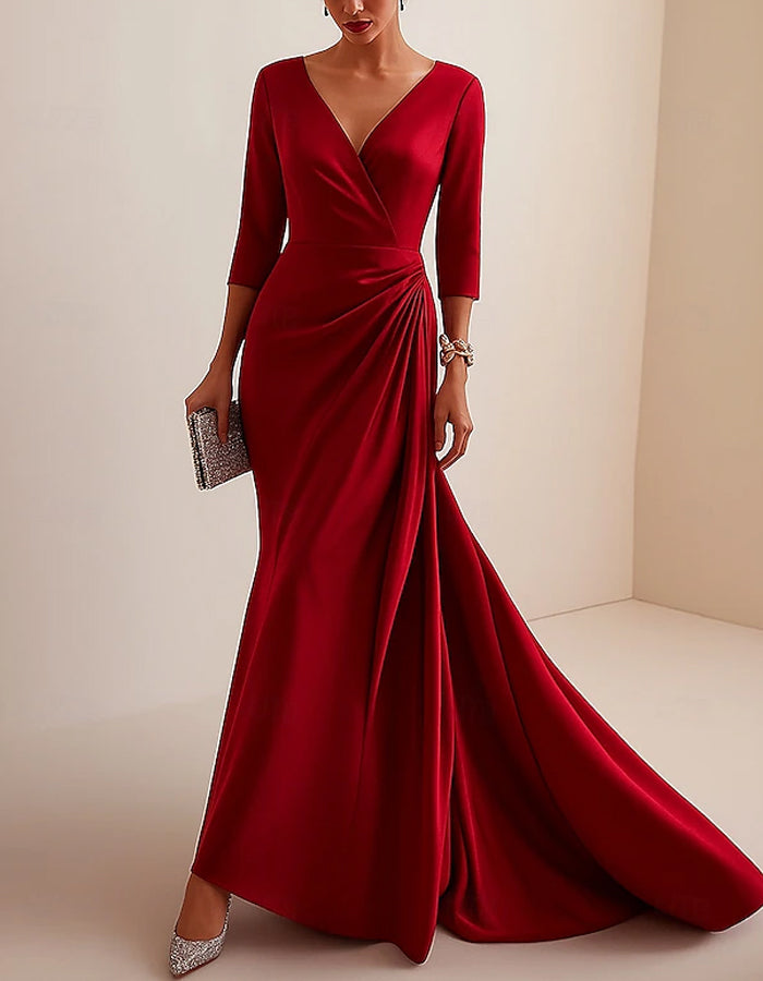 Vestido largo de satén con cuello de pico y manga larga en color liso