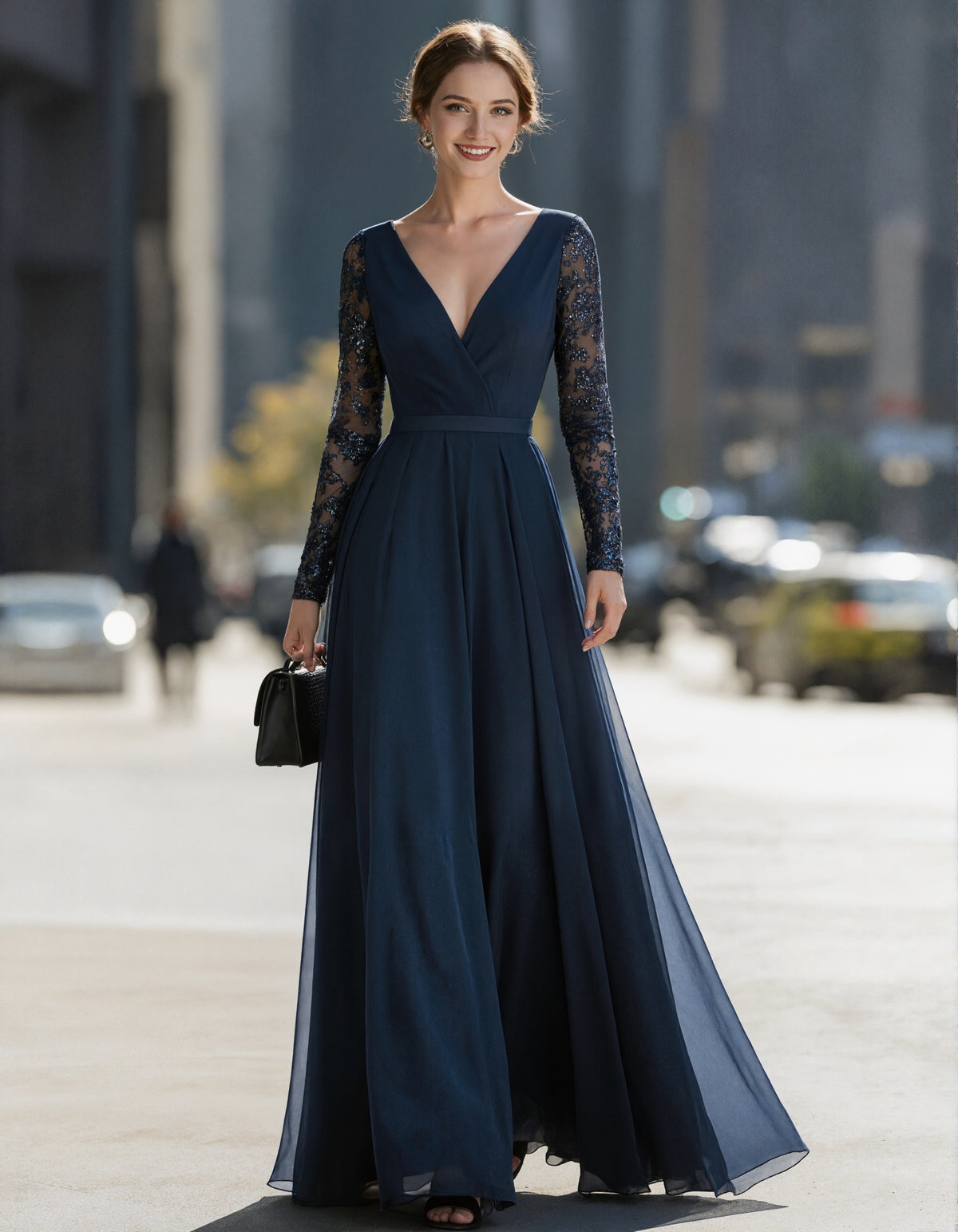 Robe longue en tulle bleu marine à manches longues et sequins