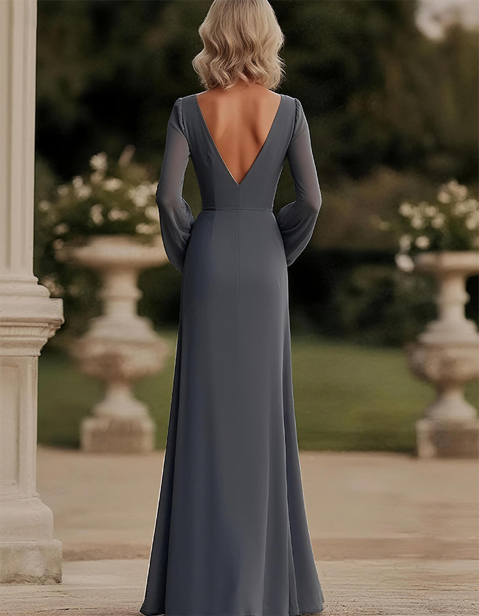 Robe maxi mère de la mariée en mousseline longue gris foncé avec fente