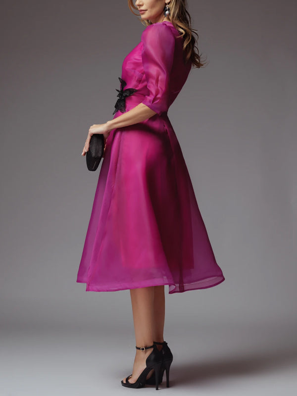 Vestido Midi de Organza com Decote em V e Cor Sólida