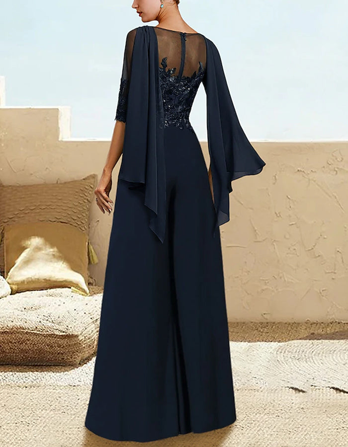 Dark Blue Chiffon Sequined Appliqué Jumpsuit
