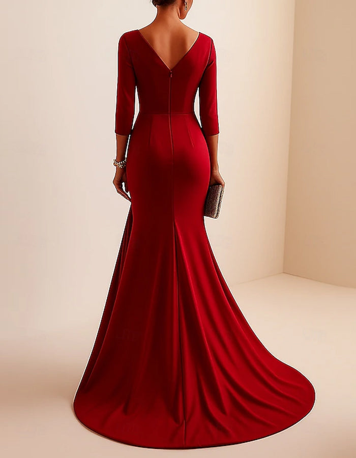 Robe longue unie en satin à manches longues et col en V