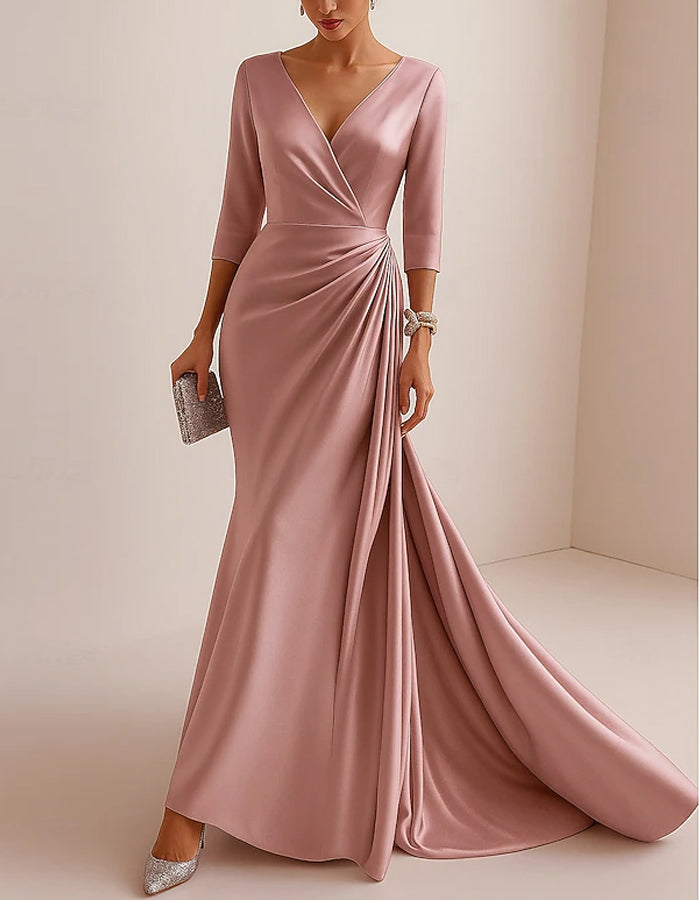Vestido largo de satén con cuello de pico y manga larga en color liso