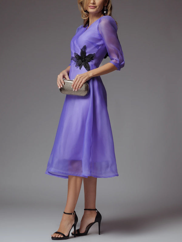 Vestido Midi de Organza com Decote em V e Cor Sólida