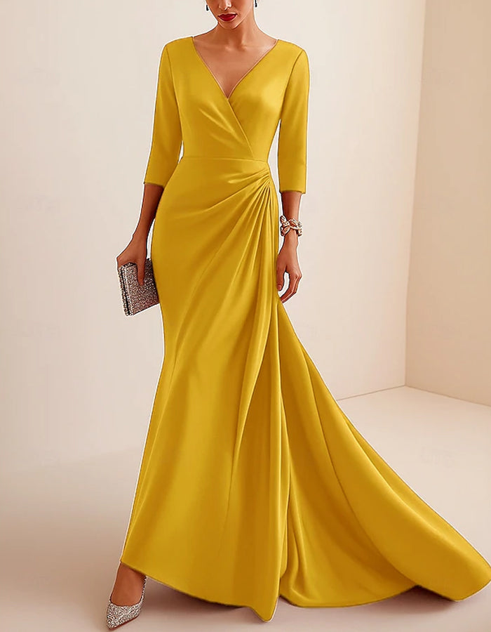 Vestido largo de satén con cuello de pico y manga larga en color liso