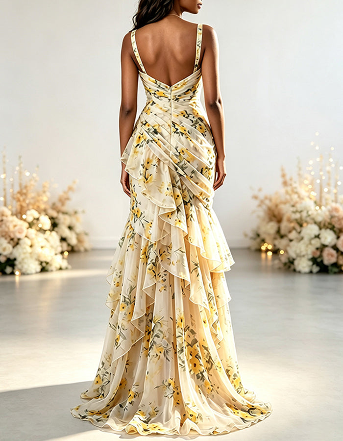 Yellow Floral V-Neck Chiffon Tiered Mermaid Maxi Dress