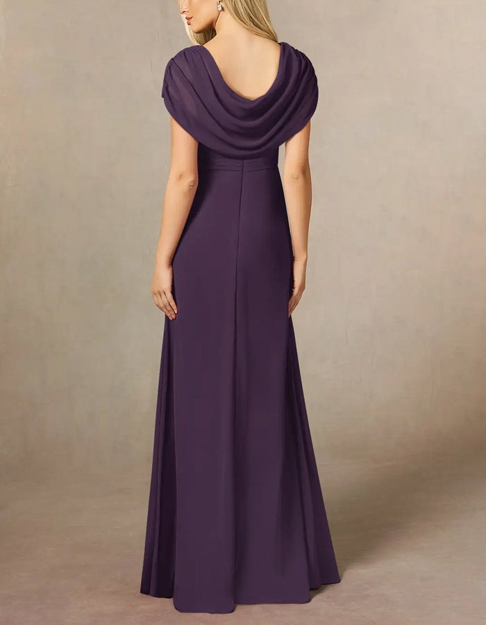 Rochie maxi A-line mov din chiffon cu deschidere laterală