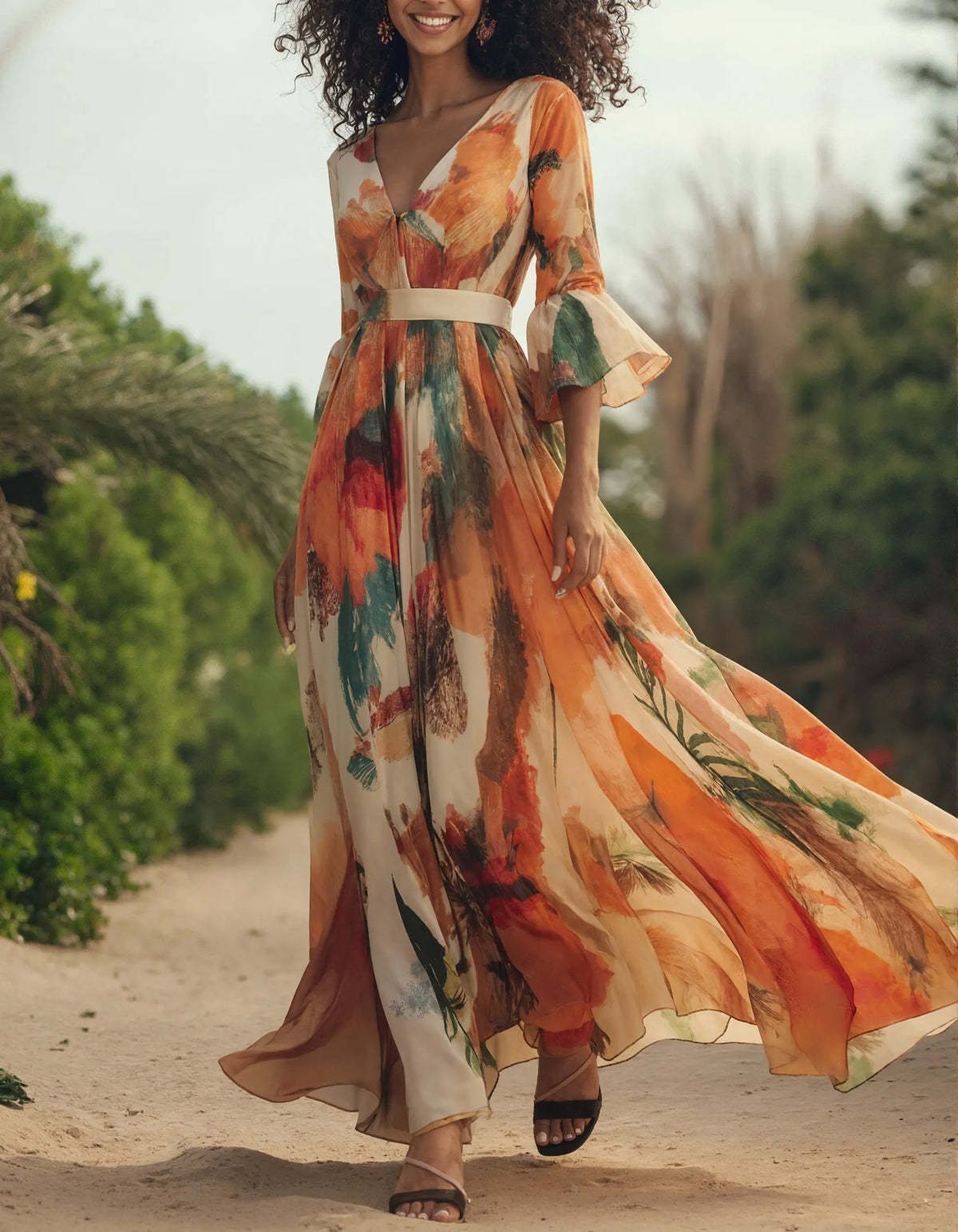 Strahlendes orangefarbenes Chiffonkleid mit malerischem Druck und ausgestellten Ärmeln