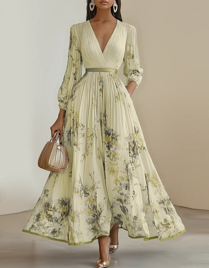Vestido de chiffon creme gracioso com estampa floral aquarelada e saia plissada