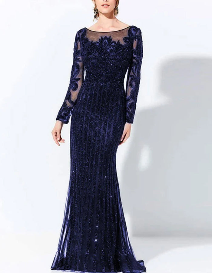 Vestido largo con encaje y lentejuelas, cuello redondo y mangas largas