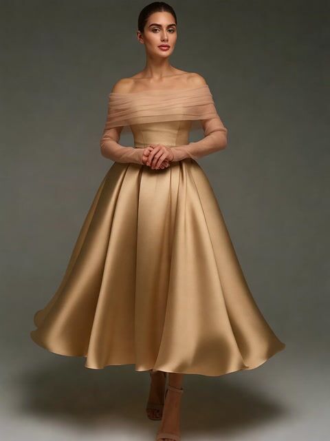 Vestido Midi A-line de Cetim com Xale de Rede Removível