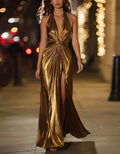 Shiny Gold Open Back With Metallic Ruffles And Slits Maxi Dress