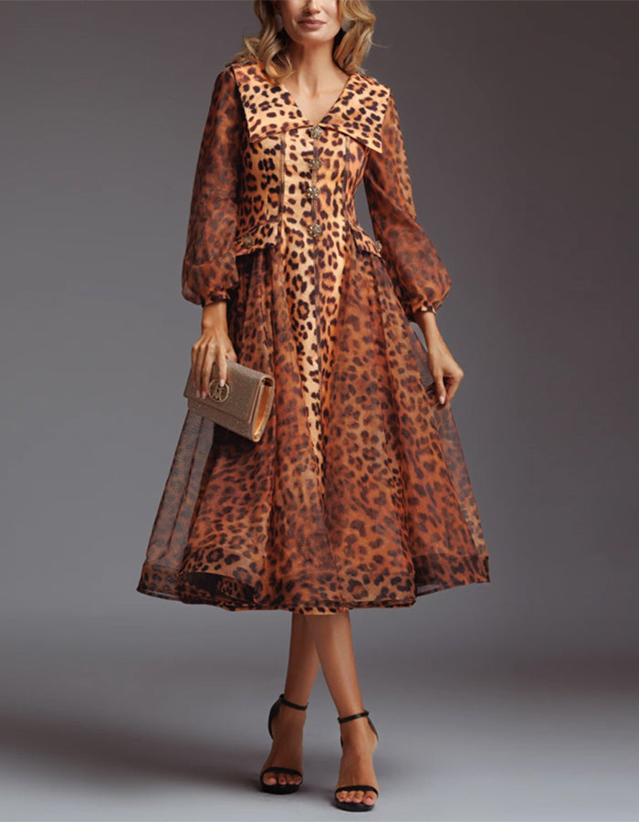 Brown Leopard Print Lapel Midi Dress