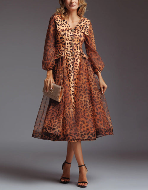 Brown Leopard Print Lapel Midi Dress