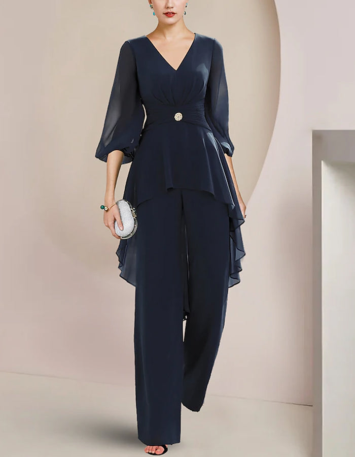 Dark Blue V-Neck Chiffon 3/4 Long Sleeve Jumpsuit