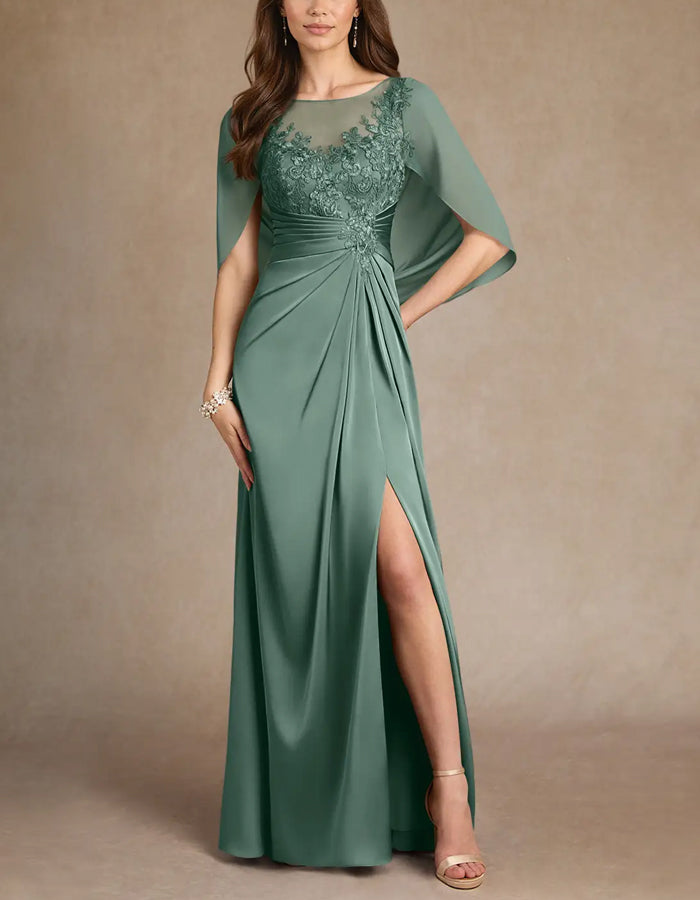 Robe maxi verte en dentelle et mousseline stretch à jupe évasée
