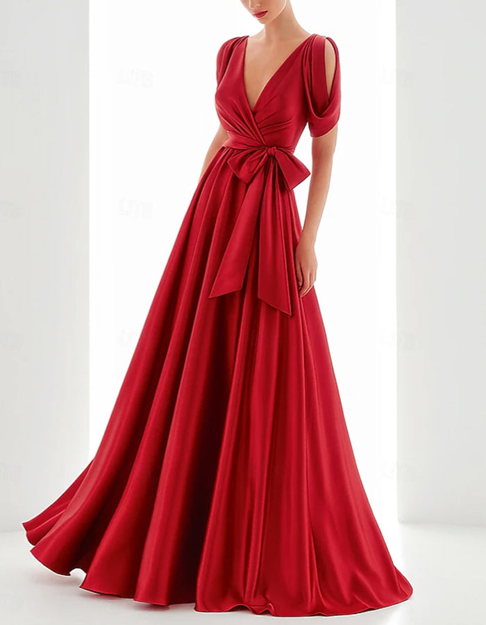 Vestido maxi de satén de manga corta con cuello en V de color liso